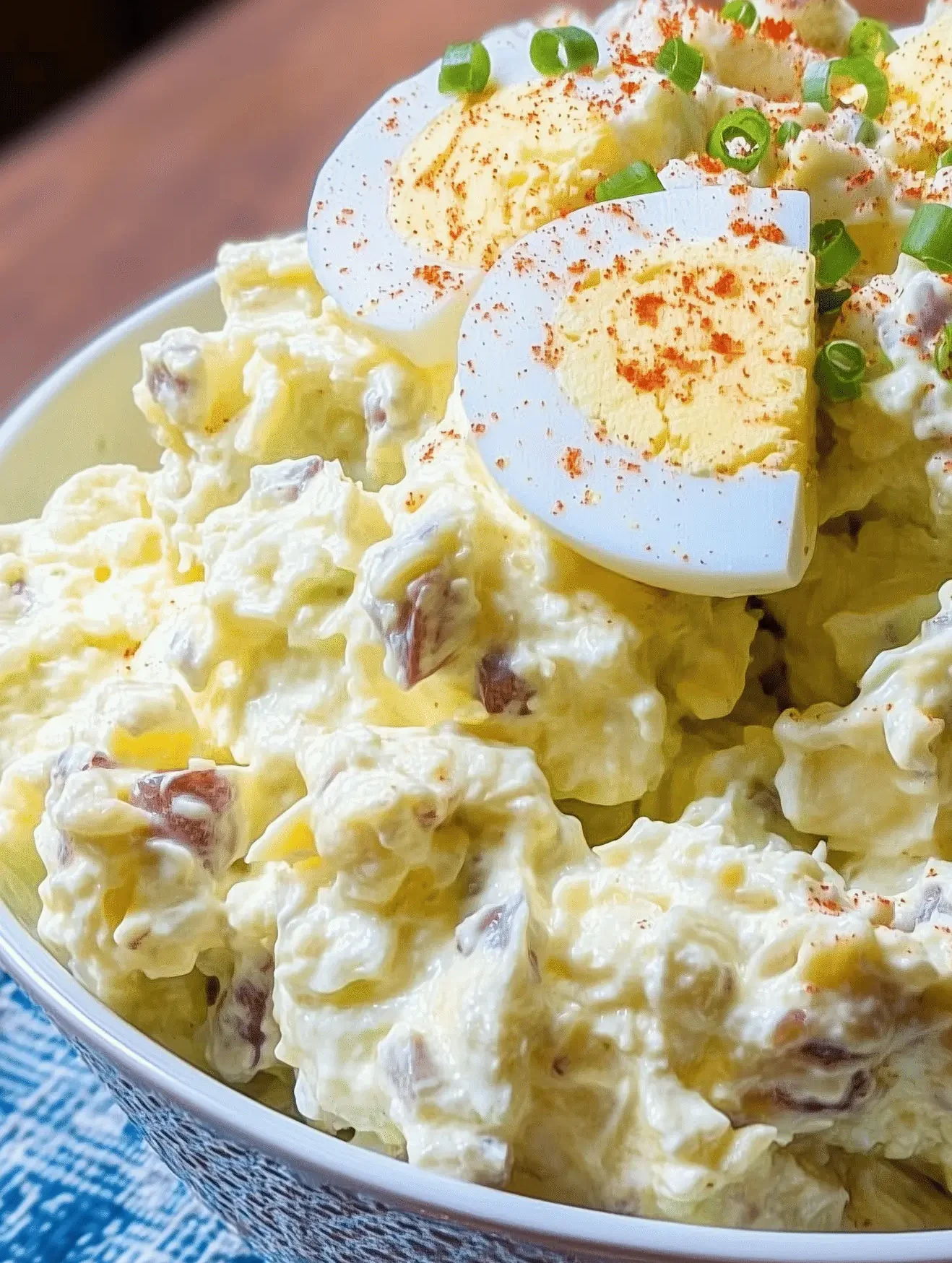 Creamy Southern Potato Salad with eggs, mayo, mustard, and pickles served in a bowl.