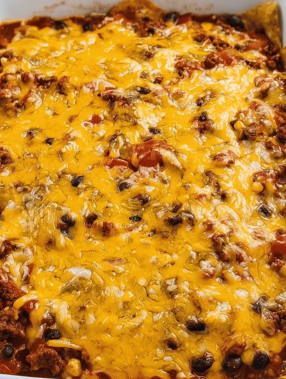 Delicious chili tortilla bake layered with ground beef, tortillas, and cheese.