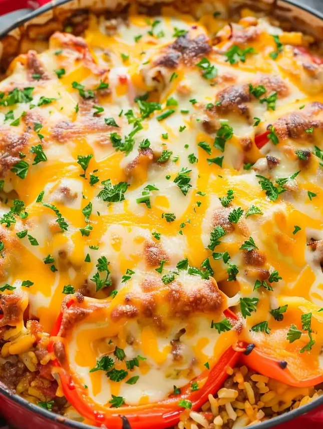 Baked stuffed pepper casserole topped with melted cheese, showing beef, rice, and bell peppers.