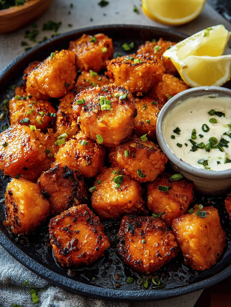 Crispy Bang Bang Salmon Bites served with tangy sauce and garnished with chives.