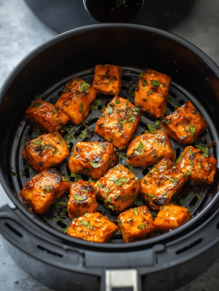 Crispy Bang Bang Salmon Bites served with tangy sauce and garnished with chives.