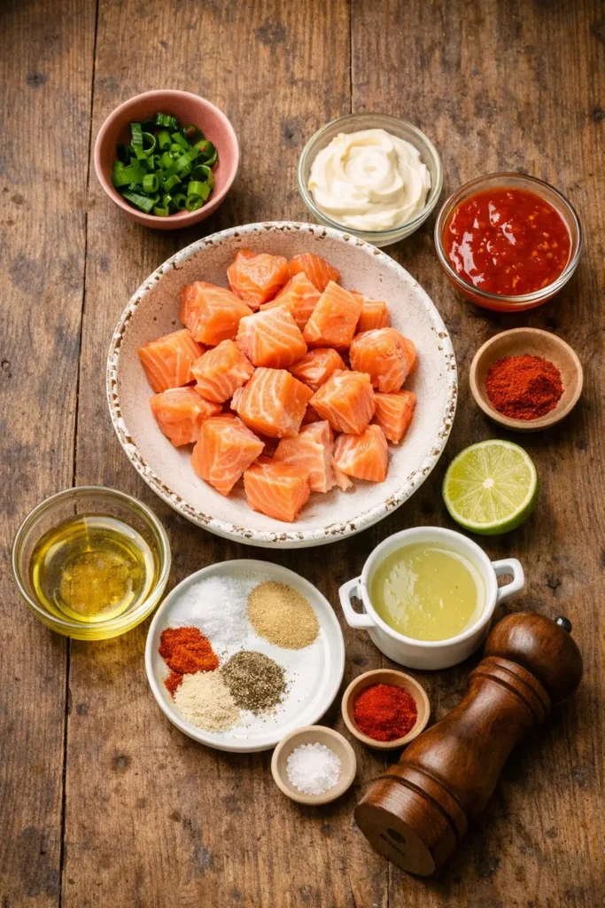Crispy Bang Bang Salmon Bites served with tangy sauce and garnished with chives.
