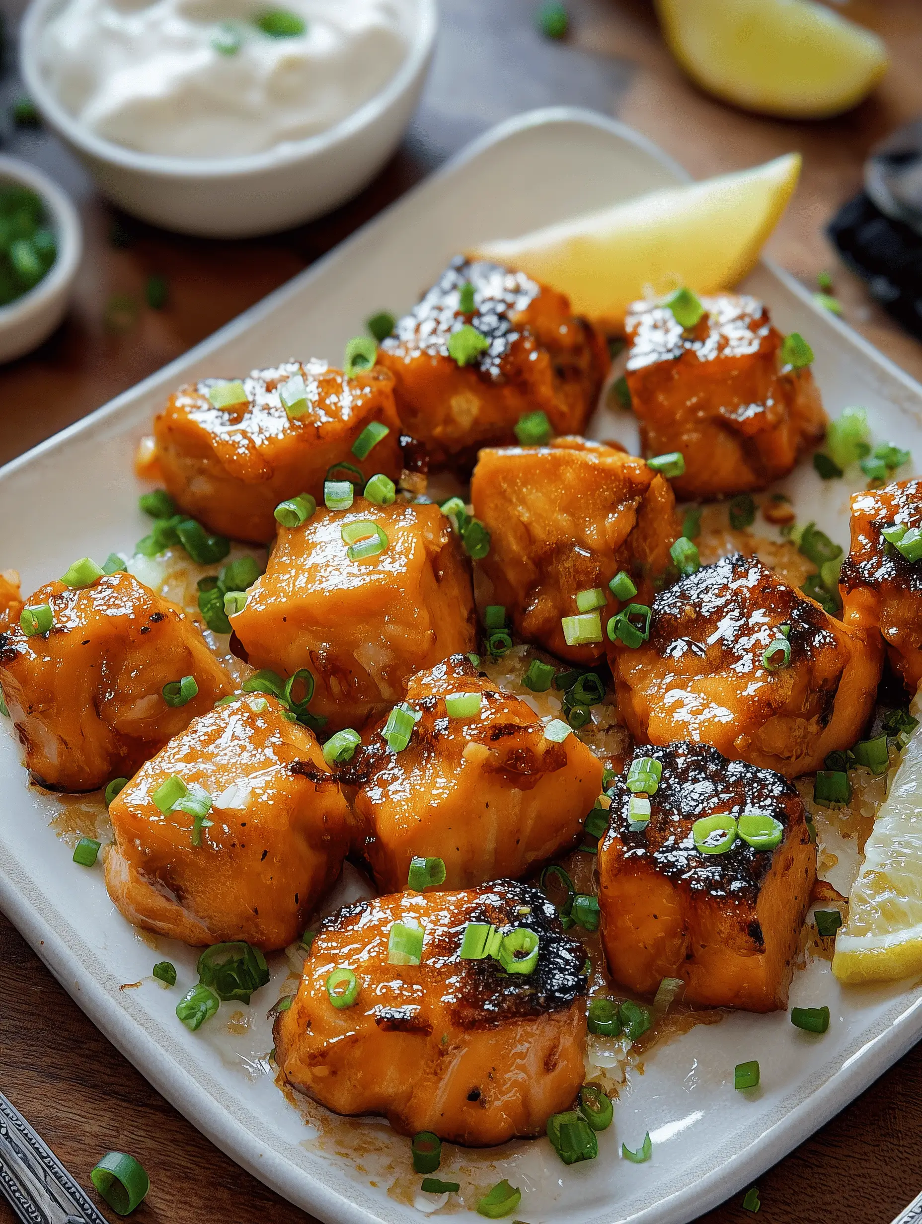 Crispy Bang Bang Salmon Bites served with tangy sauce and garnished with chives.