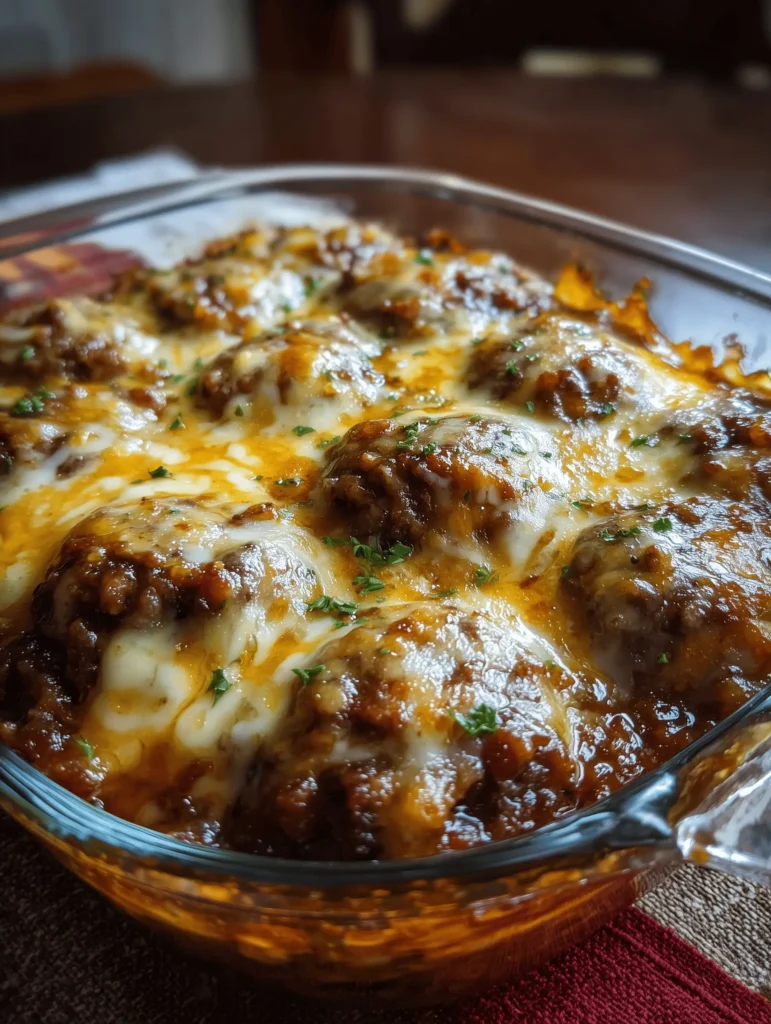 Amish Hamburger Steak Bake with creamy mushroom gravy served in a dish.