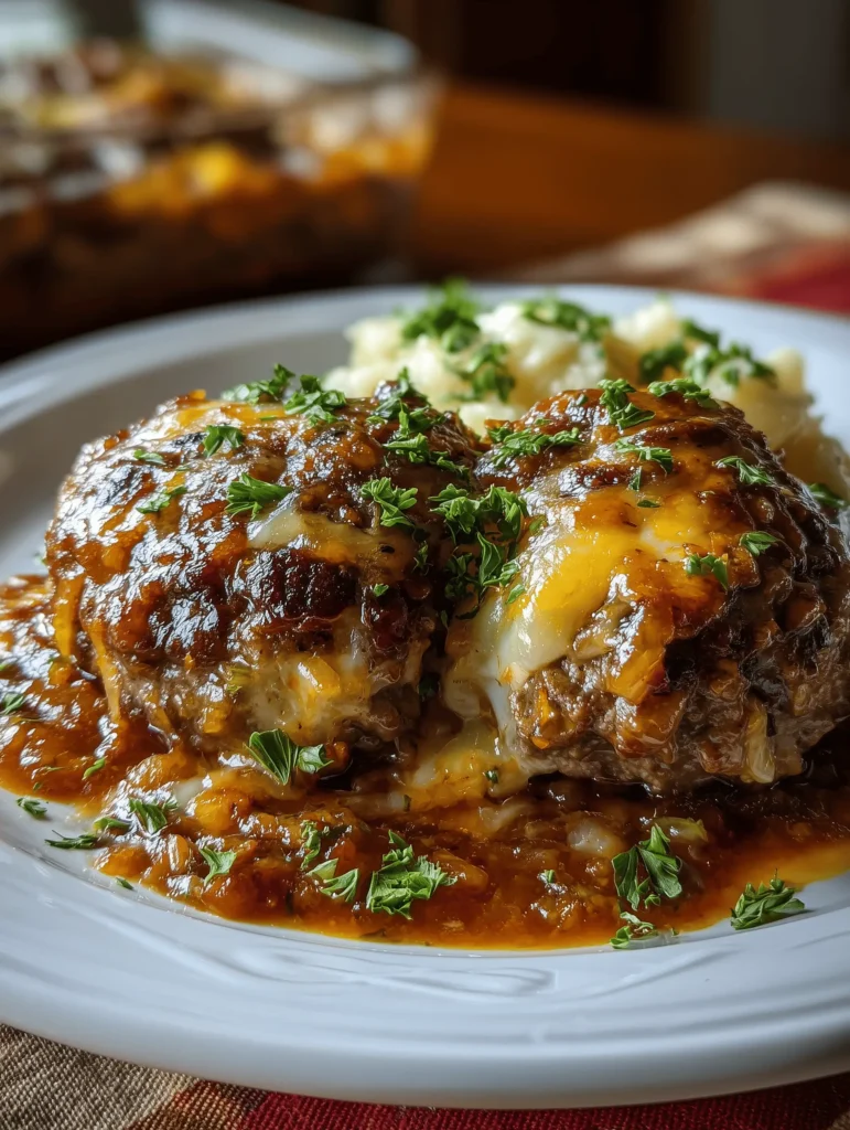Amish Hamburger Steak Bake with creamy mushroom gravy served in a dish.