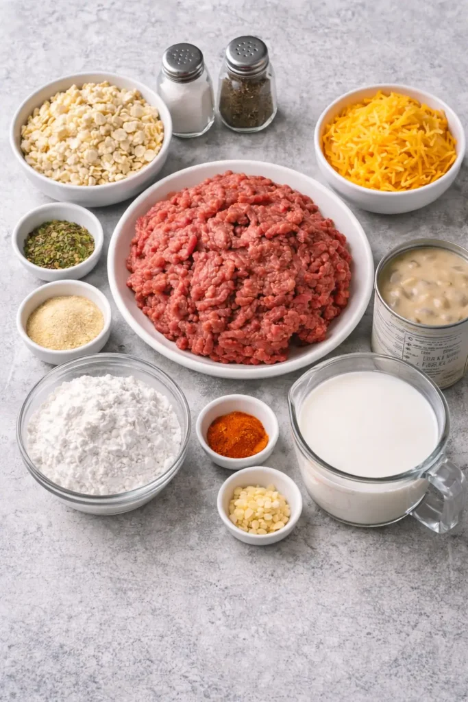 Amish Hamburger Steak Bake with creamy mushroom gravy served in a dish.