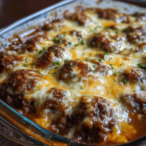 Amish Hamburger Steak Bake with creamy mushroom gravy served in a dish.