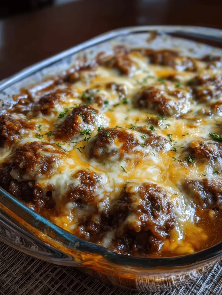 Amish Hamburger Steak Bake with creamy mushroom gravy served in a dish.