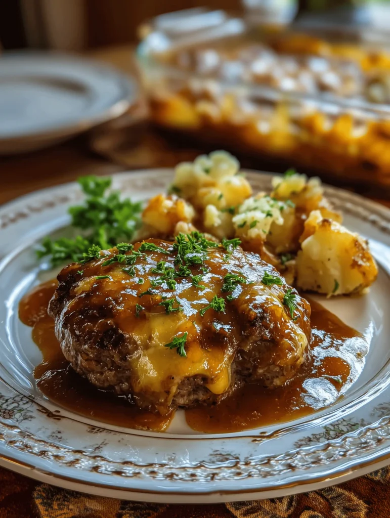 Easy Amish Hamburger Steak Bake with Potatoes and Gravy served in a dish.