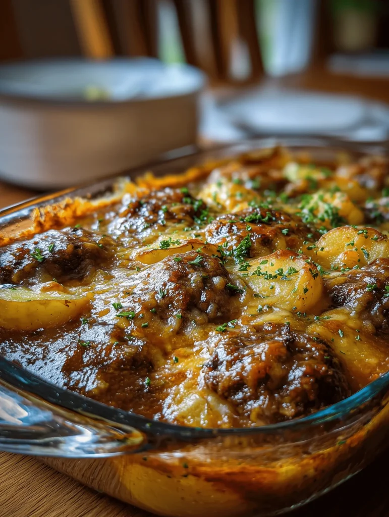 Easy Amish Hamburger Steak Bake with Potatoes and Gravy served in a dish.