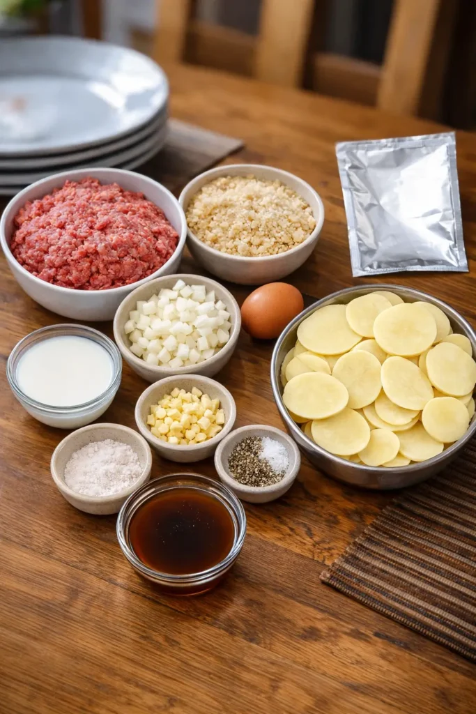 Easy Amish Hamburger Steak Bake with Potatoes and Gravy served in a dish.