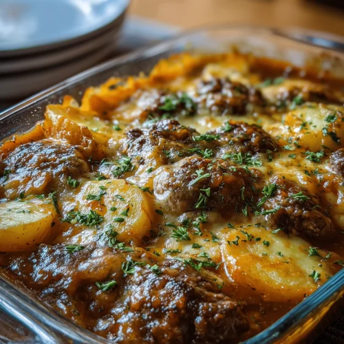 Easy Amish Hamburger Steak Bake with Potatoes and Gravy served in a dish.