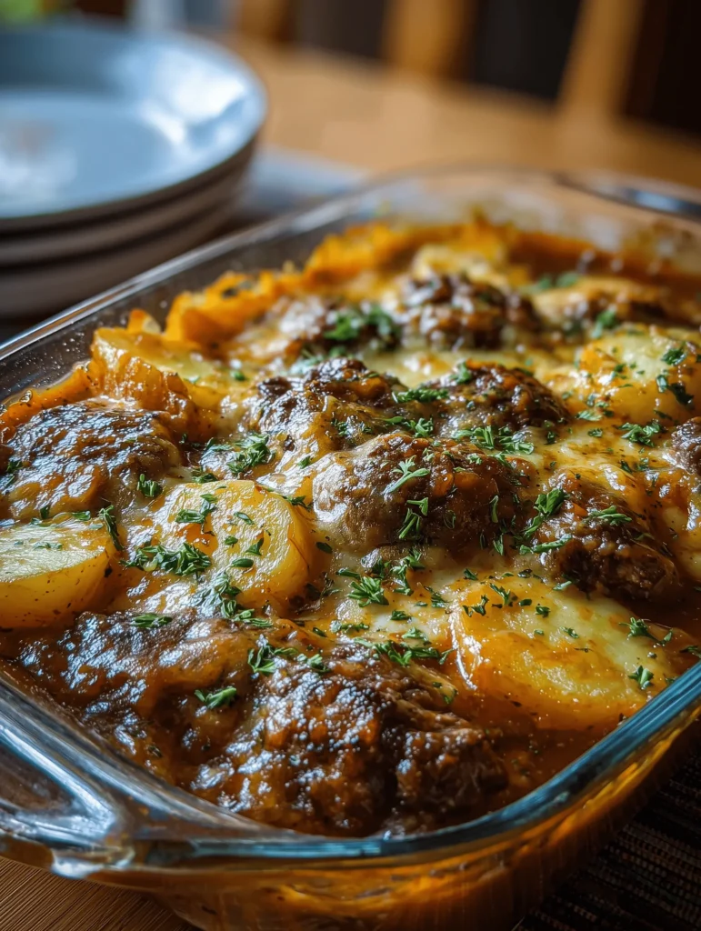 Easy Amish Hamburger Steak Bake with Potatoes and Gravy served in a dish.