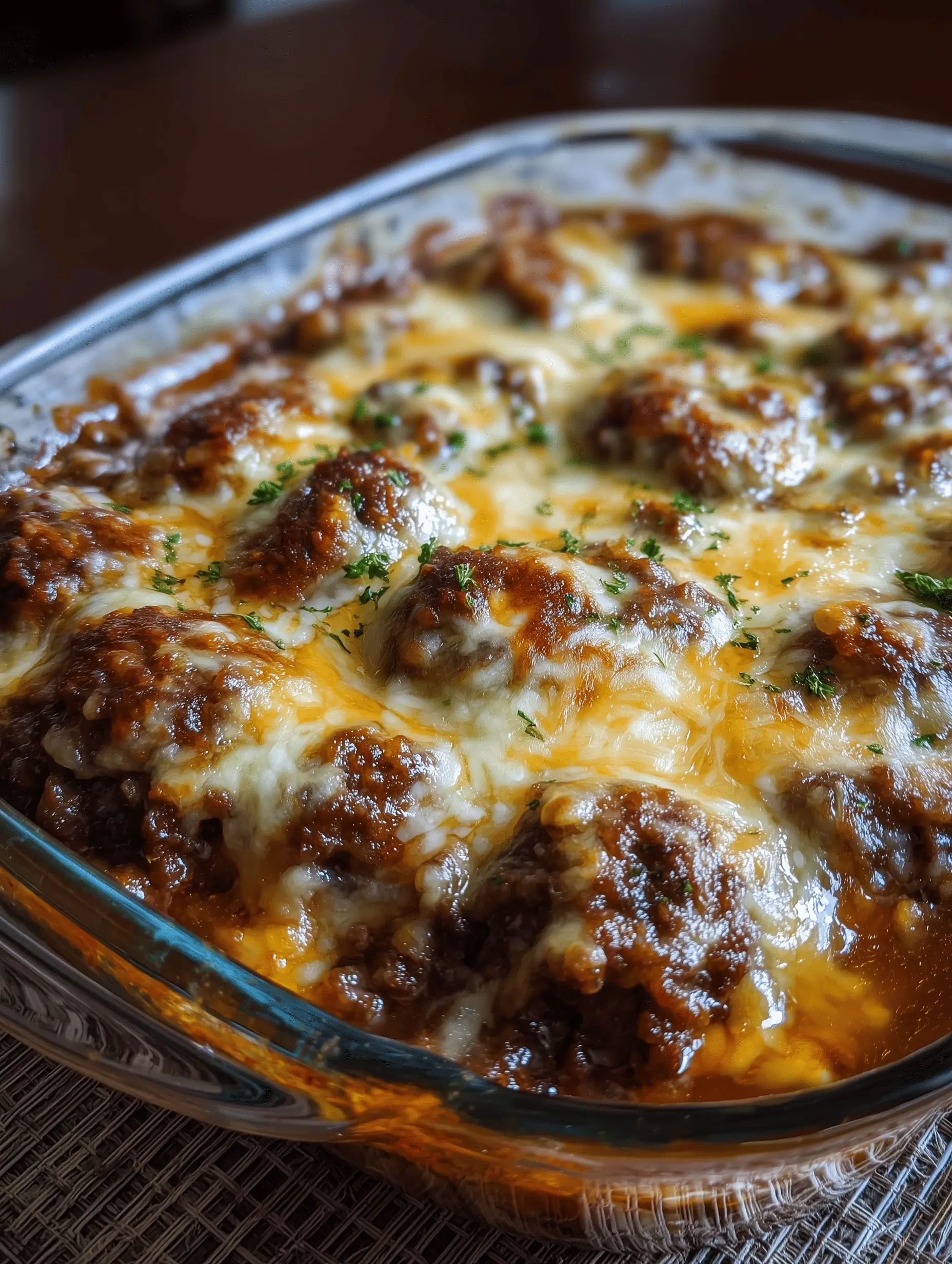Amish Hamburger Steak Bake with creamy mushroom gravy served in a dish.