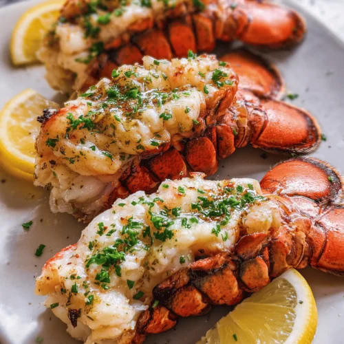 Garlic Butter Lobster Tails served with lemon wedges on a plate, garnished with herbs.
