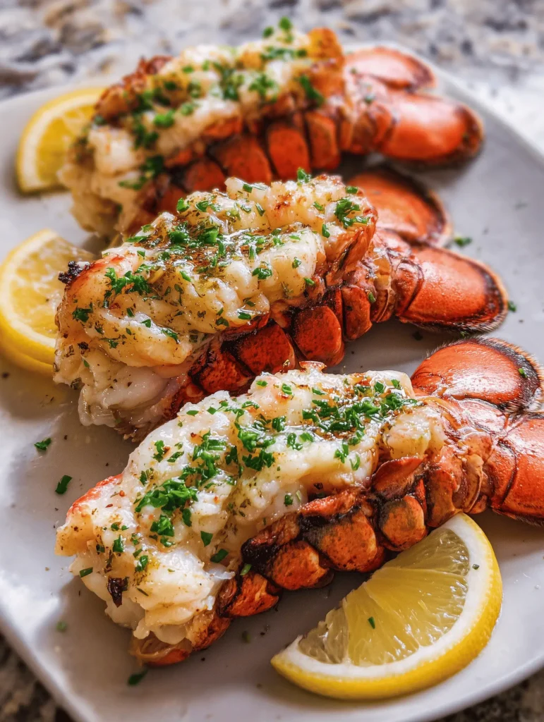 Garlic Butter Lobster Tails served with lemon wedges on a plate, garnished with herbs.
