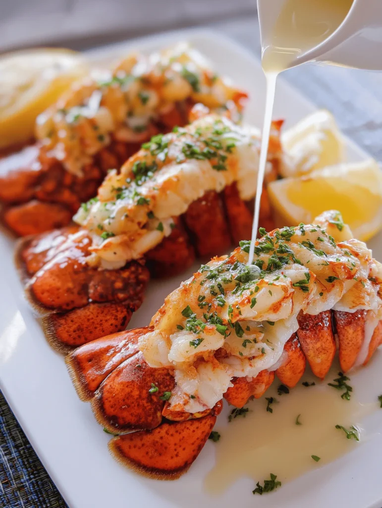 Garlic Butter Lobster Tails served with lemon wedges on a plate, garnished with herbs.