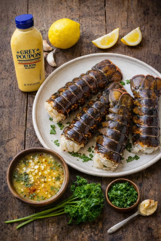 Garlic Butter Lobster Tails served with lemon wedges on a plate, garnished with herbs.