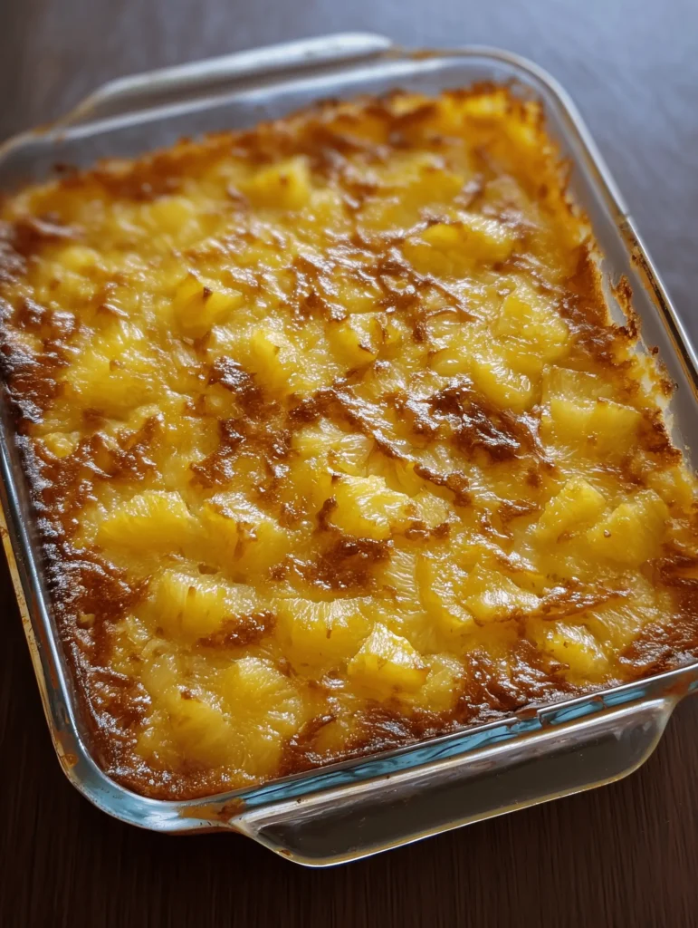Delicious baked pineapple dish served as a dessert or side, topped with caramel