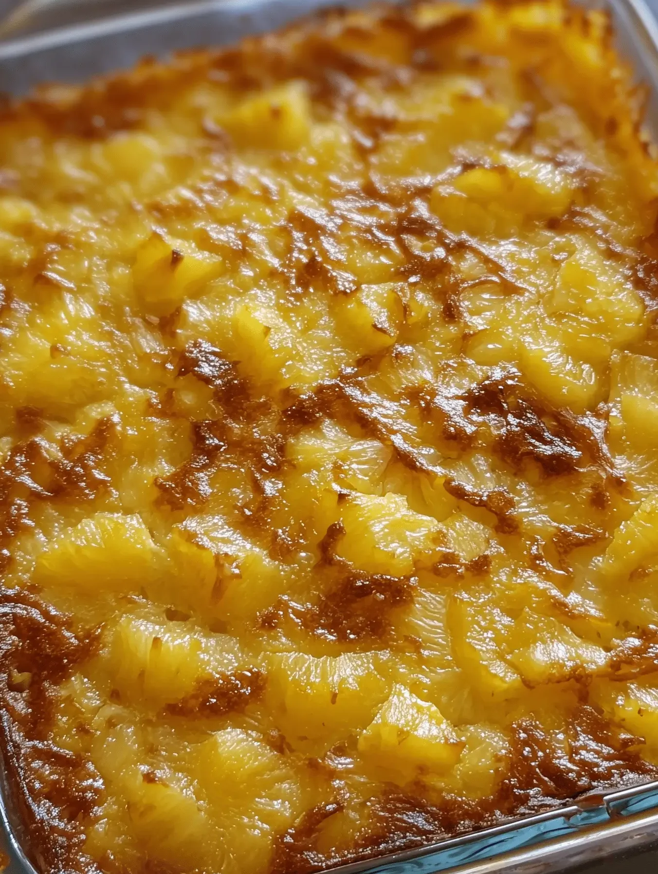 Delicious baked pineapple dish served as a dessert or side, topped with caramel