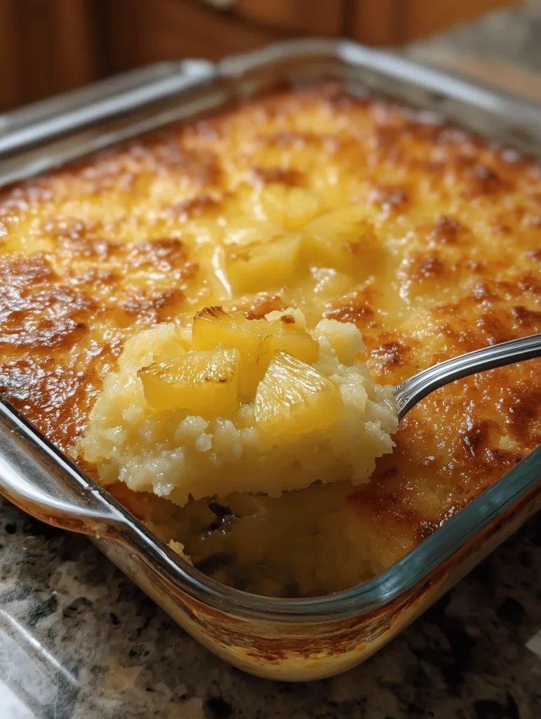 Delicious baked pineapple dish served as a dessert or side, topped with caramel