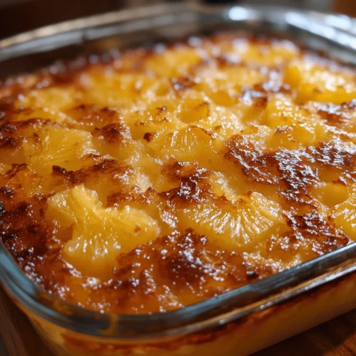 Delicious baked pineapple dish served as a dessert or side, topped with caramel