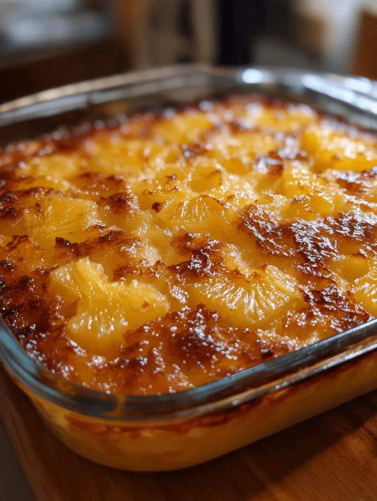 Delicious baked pineapple dish served as a dessert or side, topped with caramel