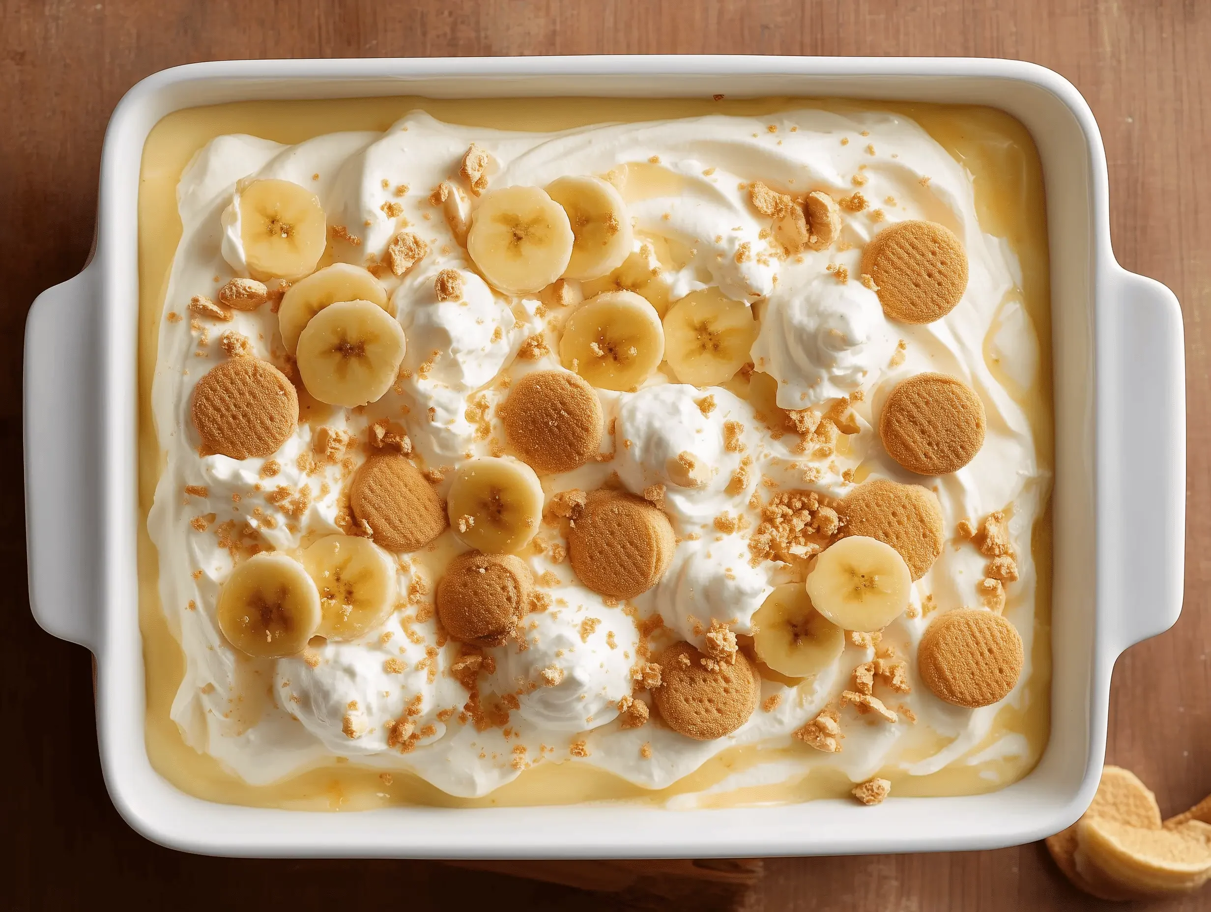 Delicious Banana Pudding Poke Cake topped with Cool Whip and crushed Nilla Wafers