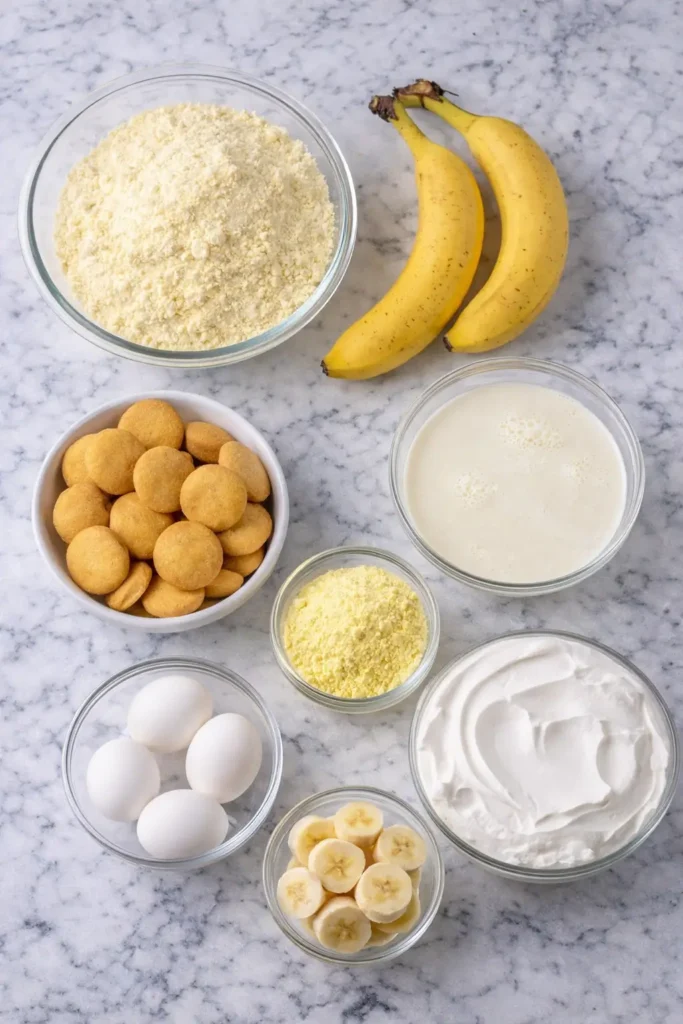 Delicious Banana Pudding Poke Cake topped with Cool Whip and crushed Nilla Wafers