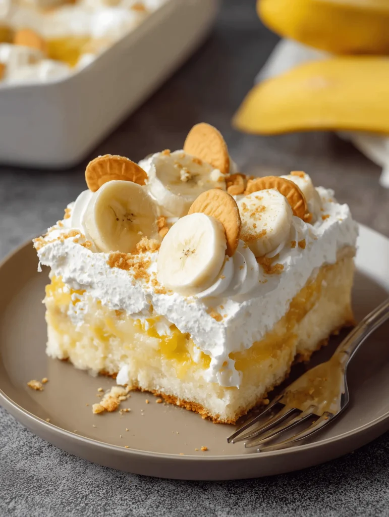 Delicious Banana Pudding Poke Cake topped with Cool Whip and crushed Nilla Wafers