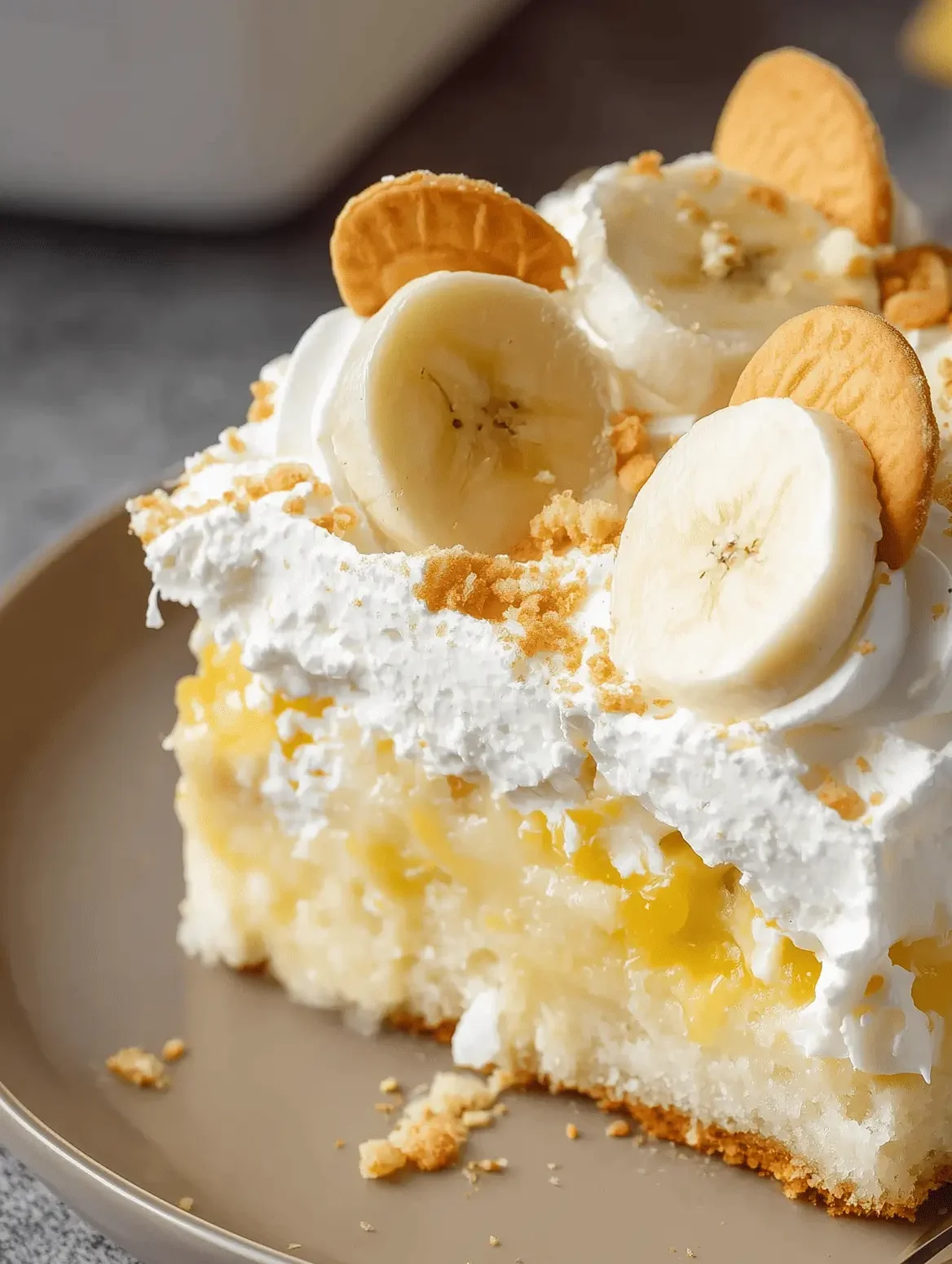 Delicious Banana Pudding Poke Cake topped with Cool Whip and crushed Nilla Wafers