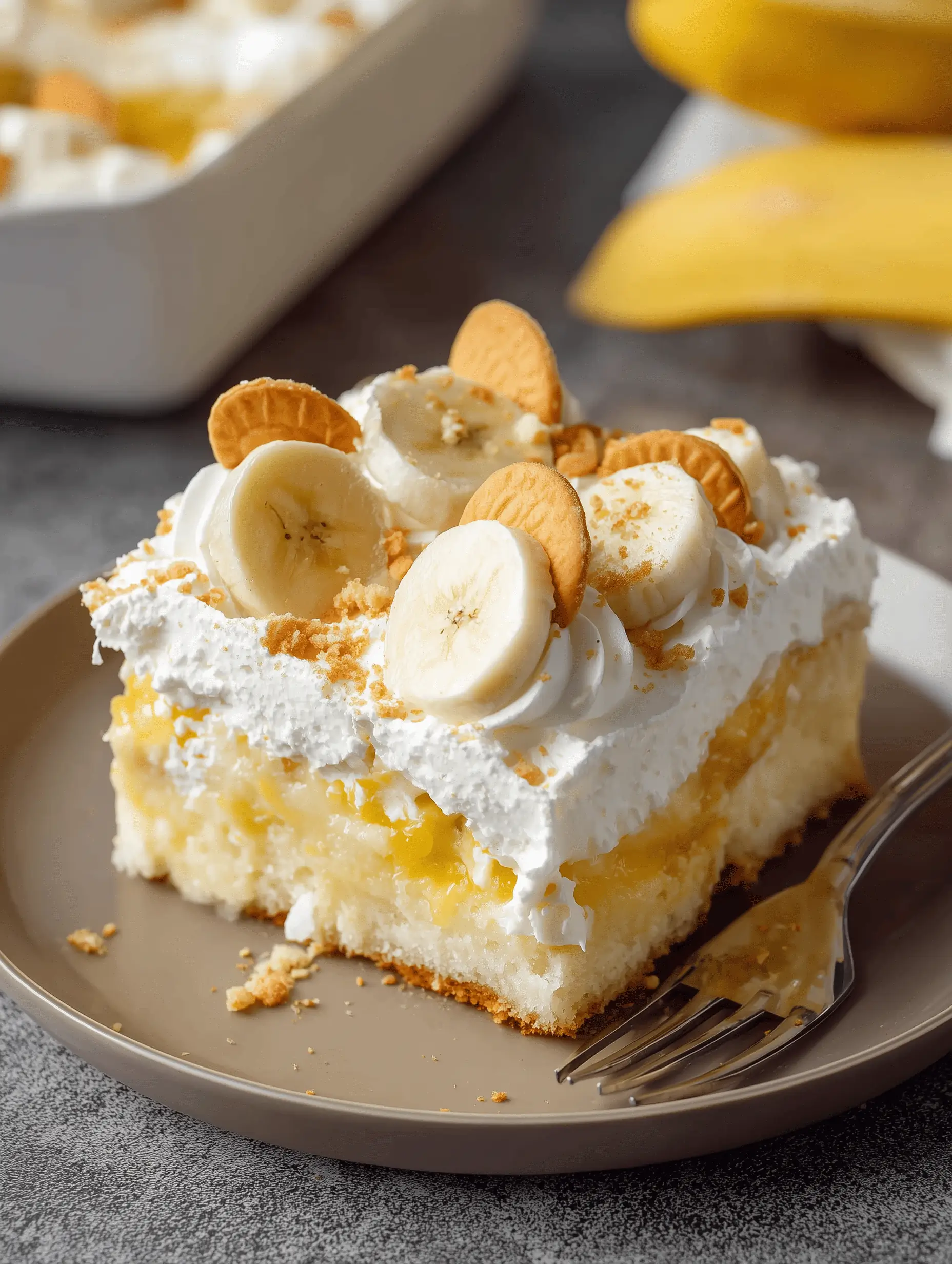 Delicious Banana Pudding Poke Cake topped with Cool Whip and crushed Nilla Wafers