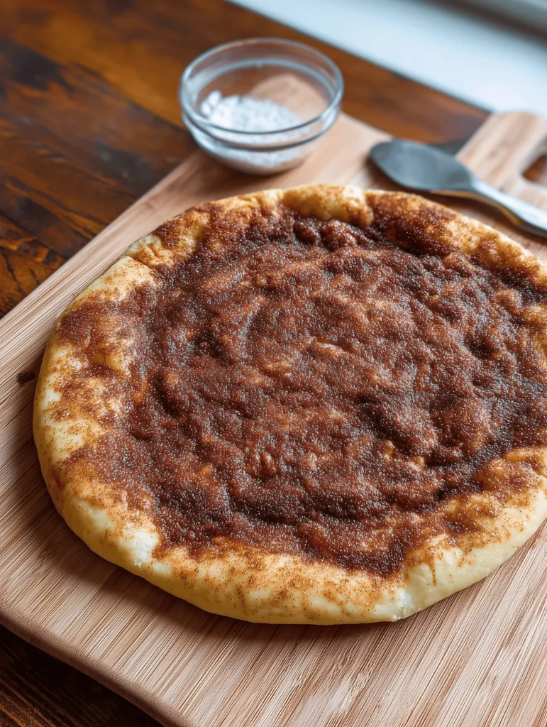 Cinnamon Sugar Pizza made with buttery Crescent Rolls and topped with cinnamon sugar.