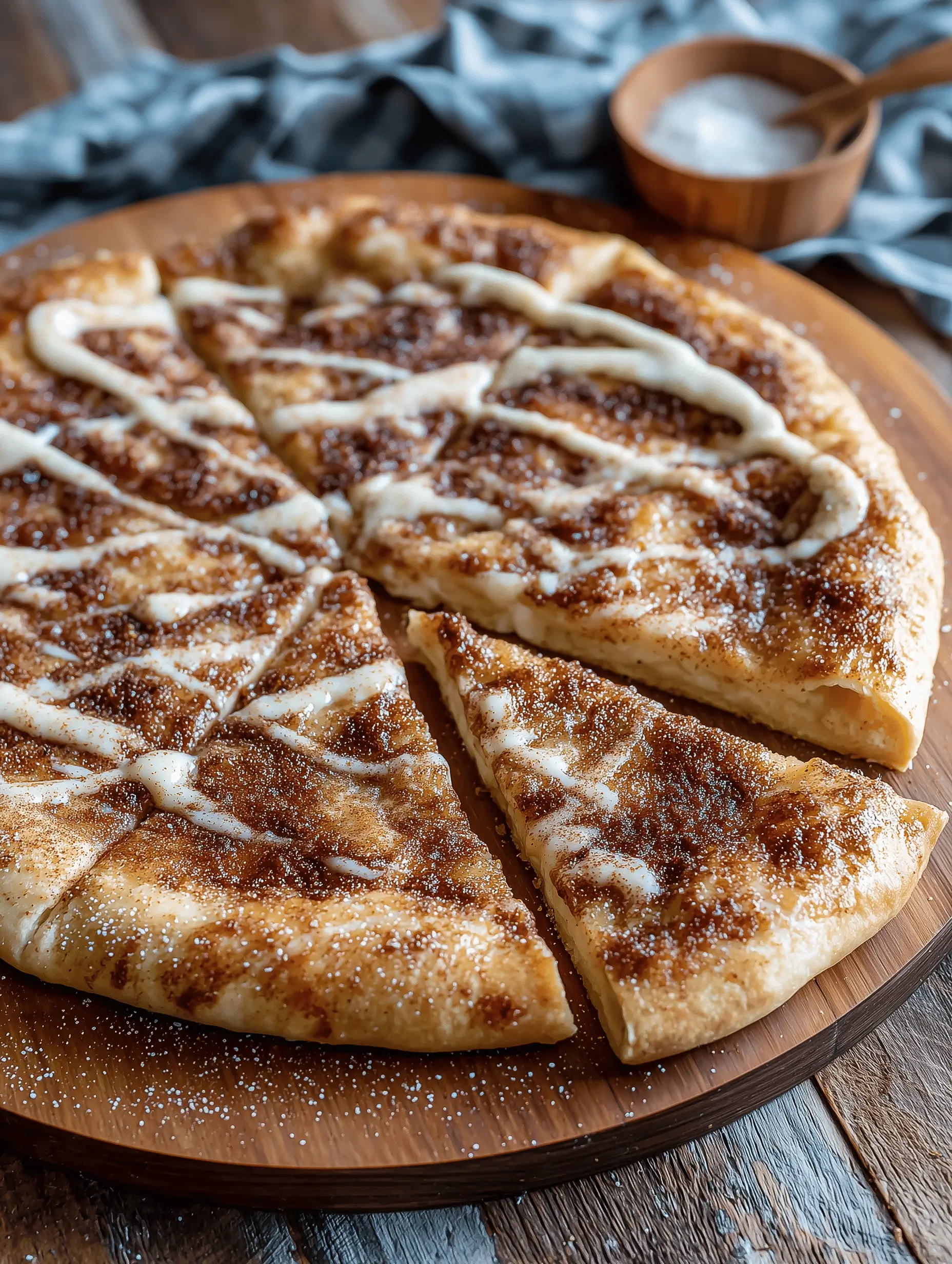 Cinnamon Sugar Pizza made with buttery Crescent Rolls and topped with cinnamon sugar.