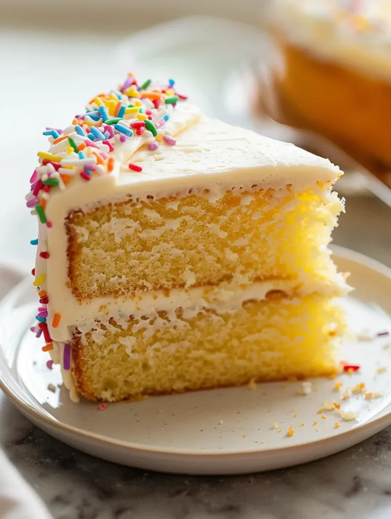 Moist and fluffy Vanilla Butter Cake topped with buttercream frosting.