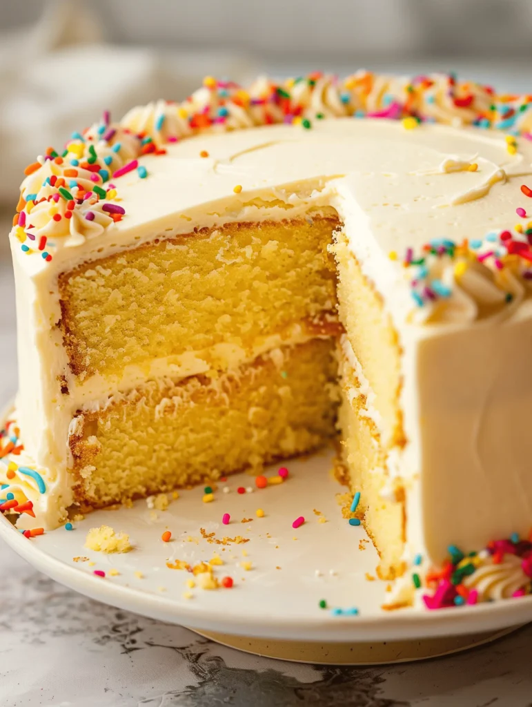 Moist and fluffy Vanilla Butter Cake topped with buttercream frosting.