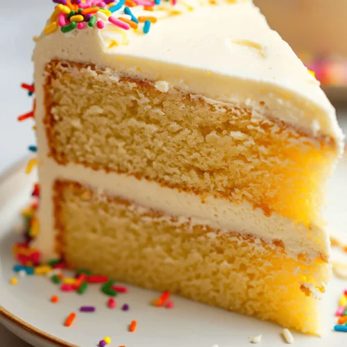 Moist and fluffy Vanilla Butter Cake topped with buttercream frosting.