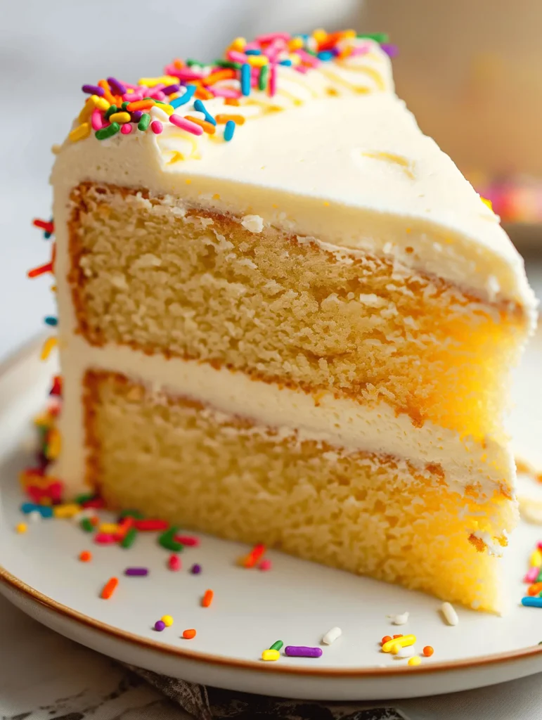 Moist and fluffy Vanilla Butter Cake topped with buttercream frosting.