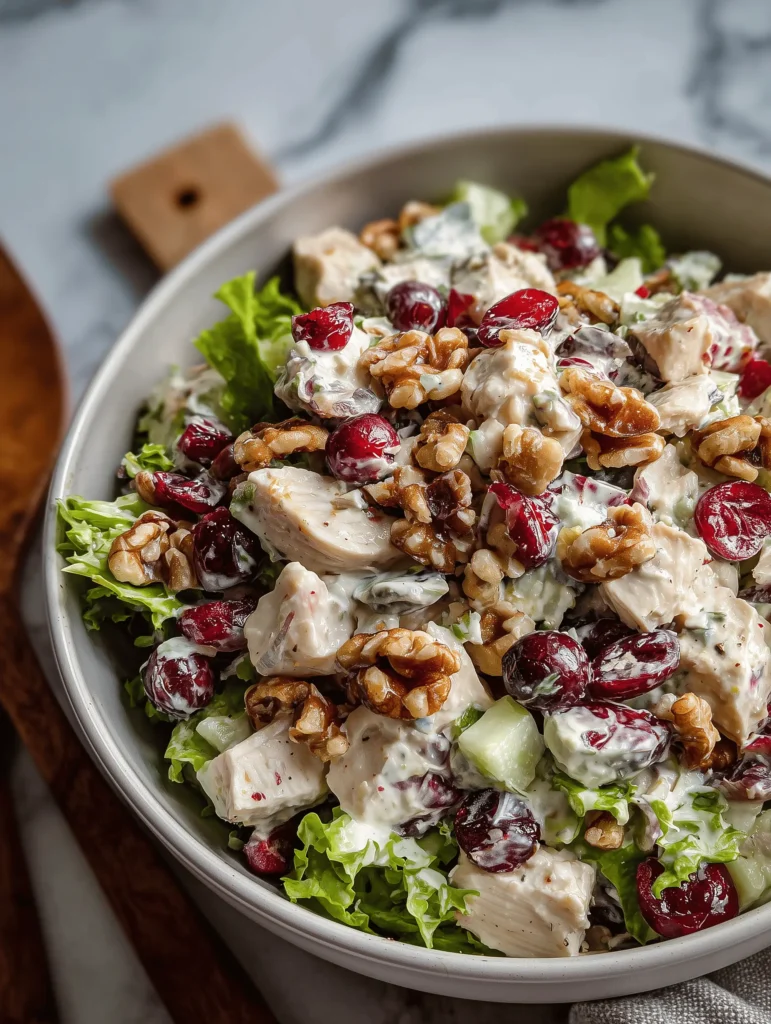 Cranberry walnut chicken salad with walnuts, cranberries, and creamy dressing in a bowl.