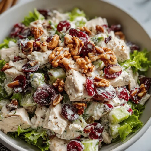 Cranberry walnut chicken salad with walnuts, cranberries, and creamy dressing in a bowl.