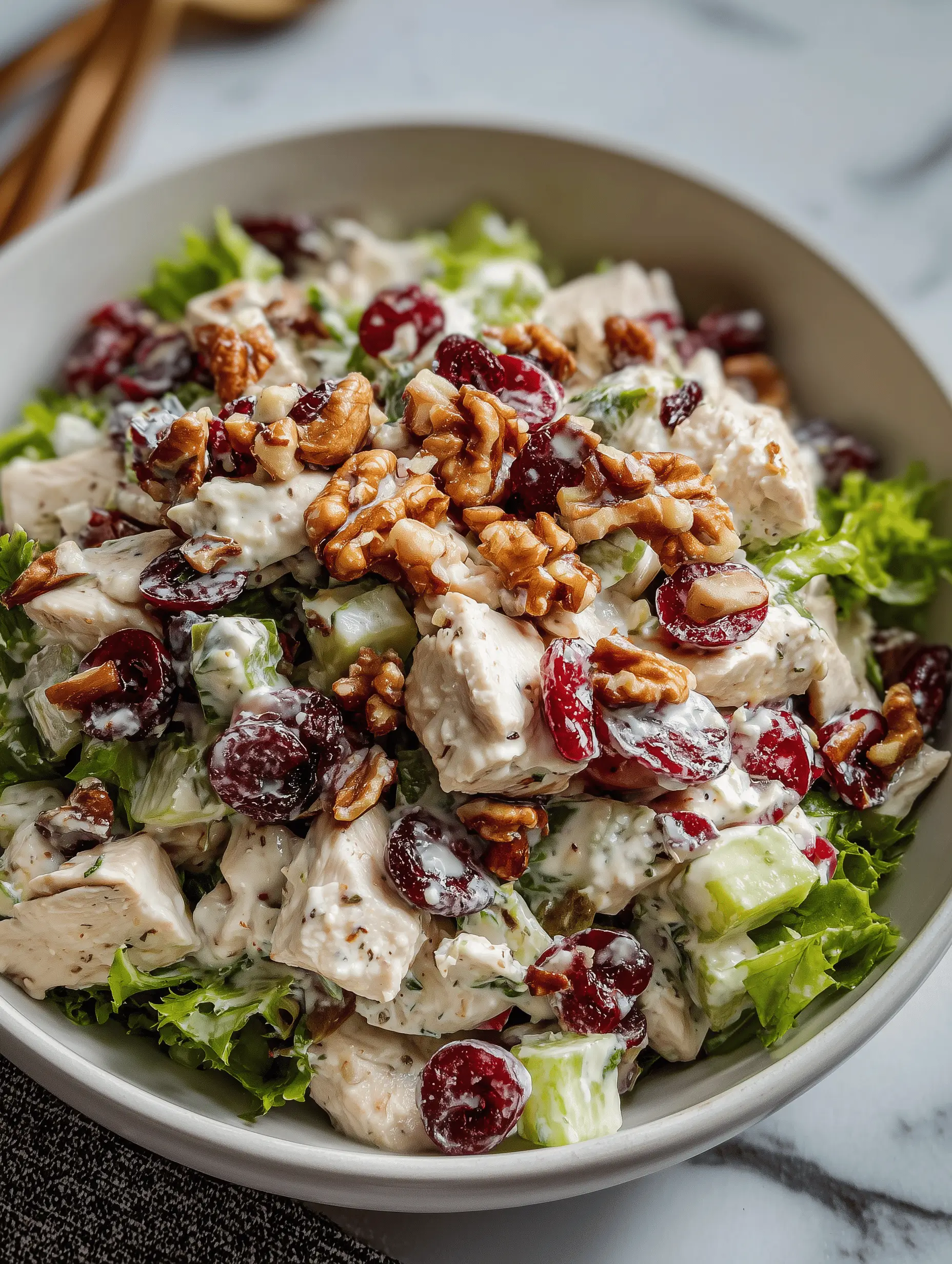 Cranberry walnut chicken salad with walnuts, cranberries, and creamy dressing in a bowl.