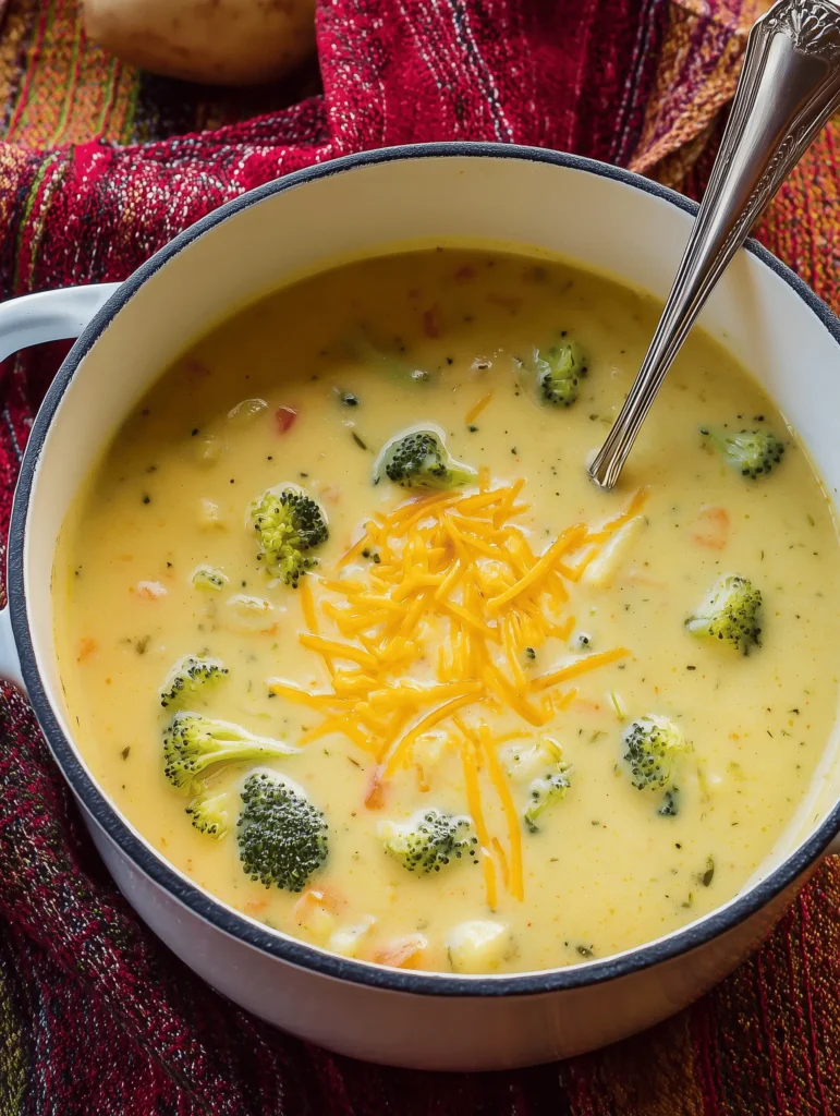 Creamy Cheddar Broccoli Potato Soup with potatoes and broccoli in a thick, cheesy broth.