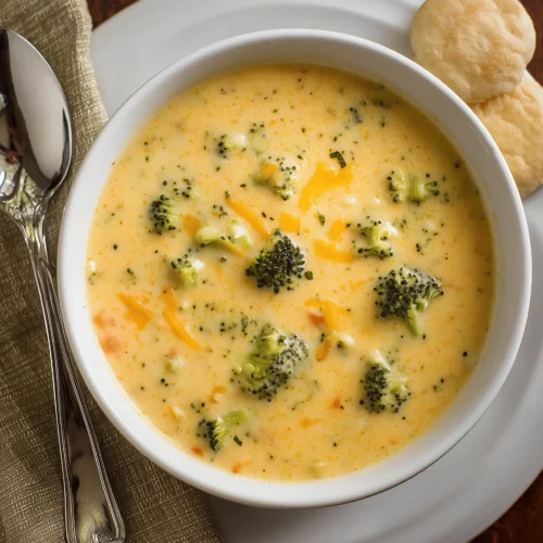 Creamy Cheddar Broccoli Potato Soup with potatoes and broccoli in a thick, cheesy broth.