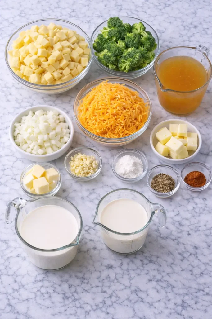Creamy Cheddar Broccoli Potato Soup with potatoes and broccoli in a thick, cheesy broth.