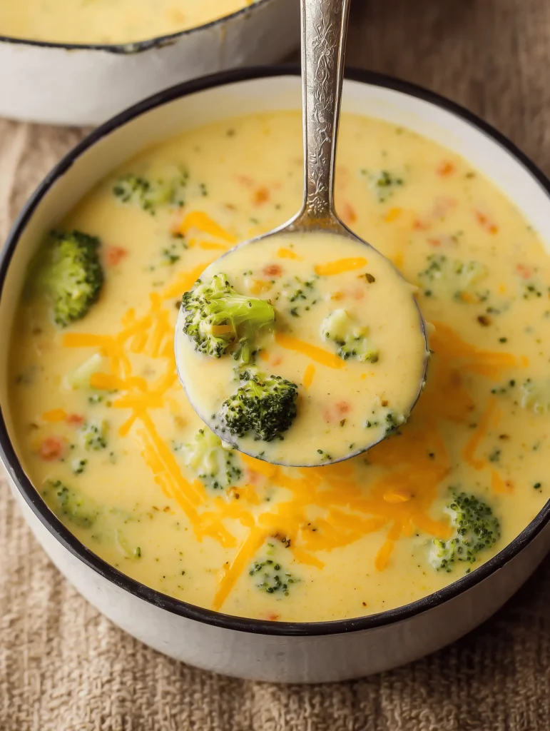 Creamy Cheddar Broccoli Potato Soup with potatoes and broccoli in a thick, cheesy broth.