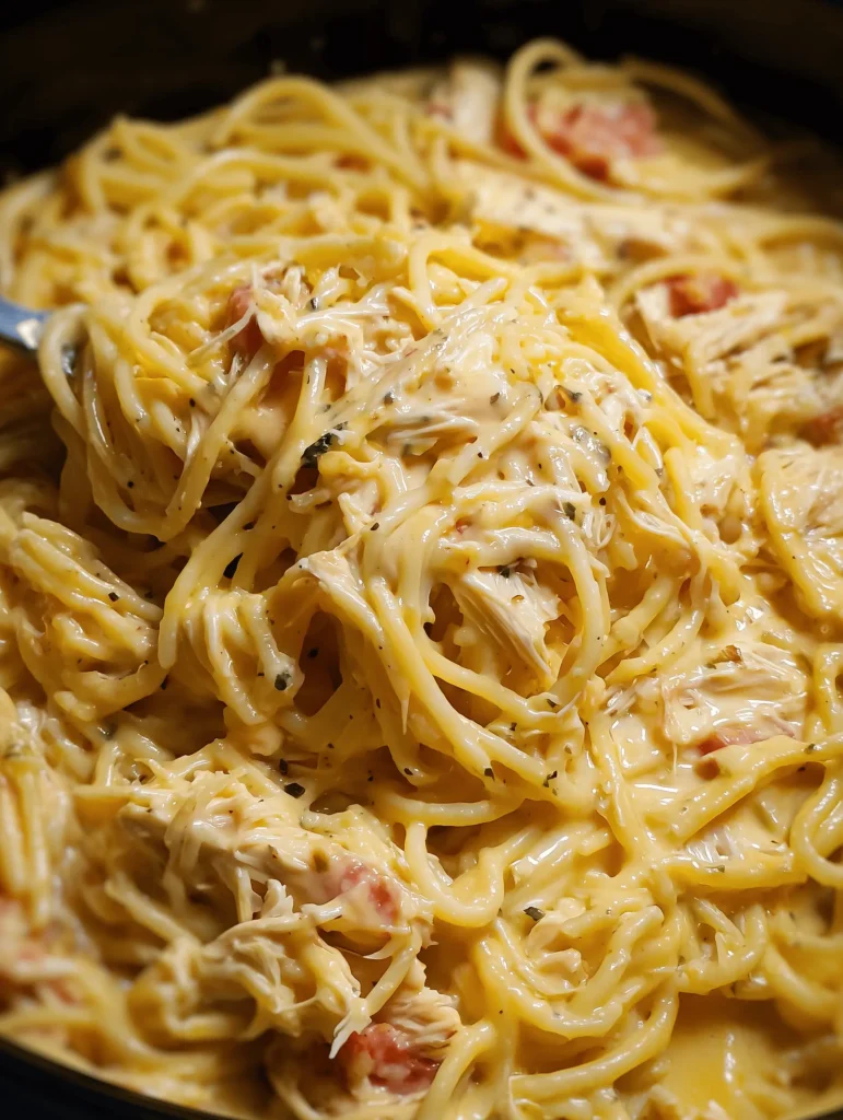 Delicious Crockpot Chicken Spaghetti with cheese and tomatoes in a slow cooker.