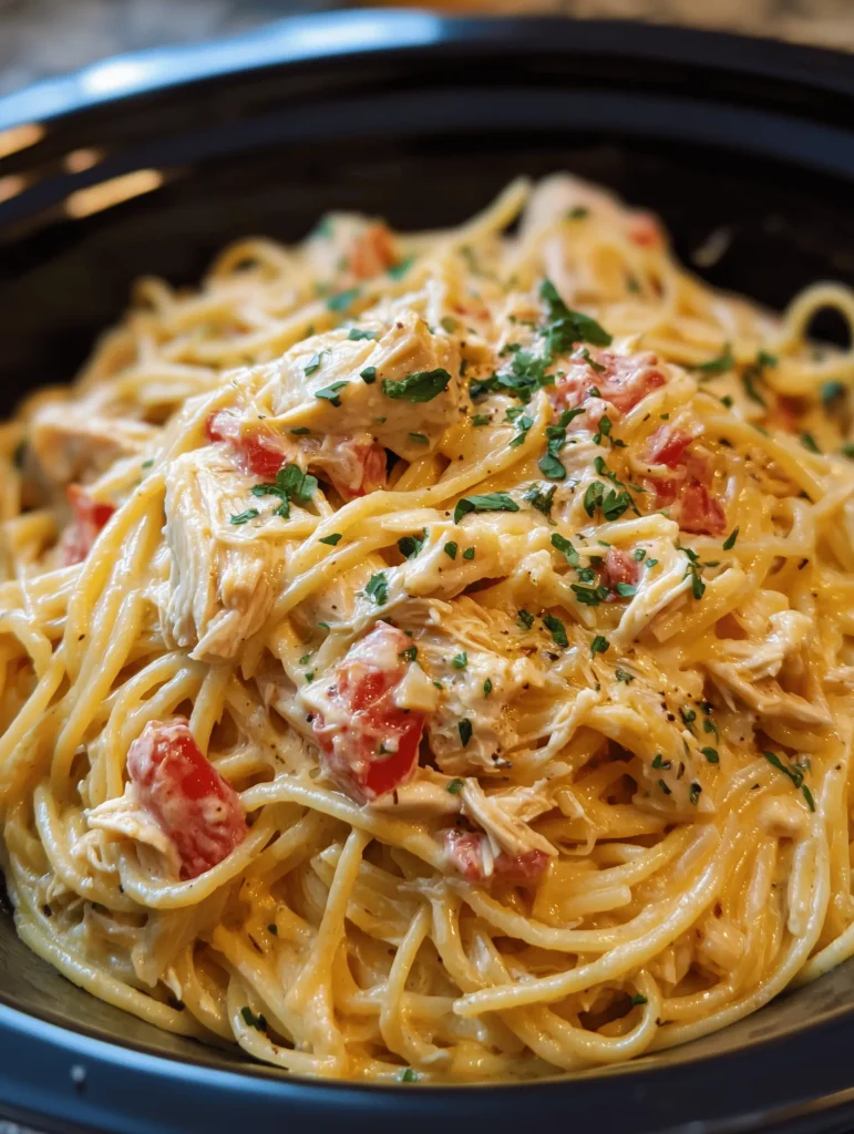 Delicious Crockpot Chicken Spaghetti with cheese and tomatoes in a slow cooker.