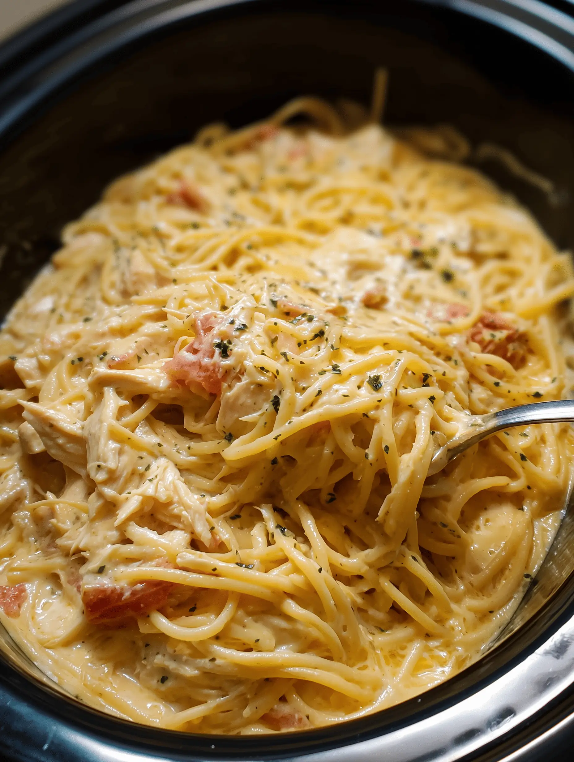 Delicious Crockpot Chicken Spaghetti with cheese and tomatoes in a slow cooker.