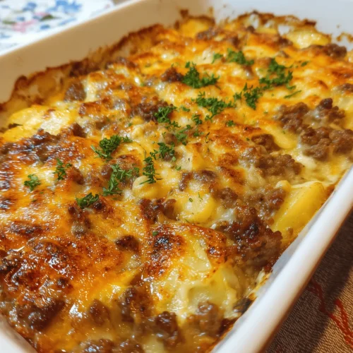 Delicious EasyHamburger Potato Casserole Recipe with layers of ground beef and sliced potatoes