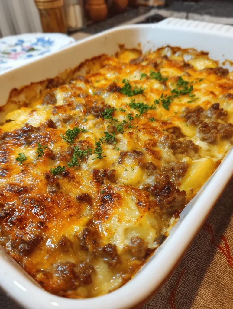 Delicious EasyHamburger Potato Casserole Recipe with layers of ground beef and sliced potatoes
